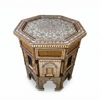 Mother of Pearl, Camel Bone & Carved Wood Octagonal Side Table — Grand Moorish Star Inlay