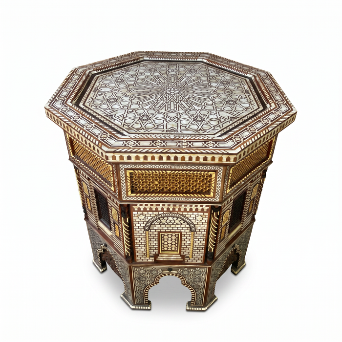 Mother of Pearl, Camel Bone & Carved Wood Octagonal Side Table — Grand Moorish Star Inlay