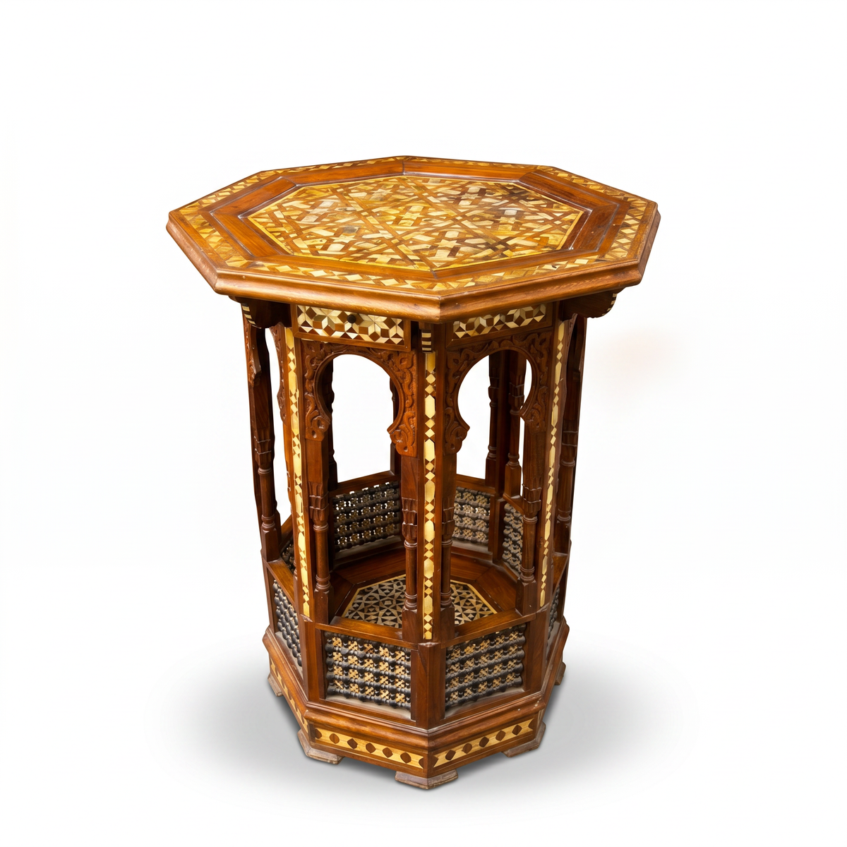 Walnut & Mother of Pearl Octagonal Side Table — Khatam Geometric Mosaic with Moorish Arch Apron