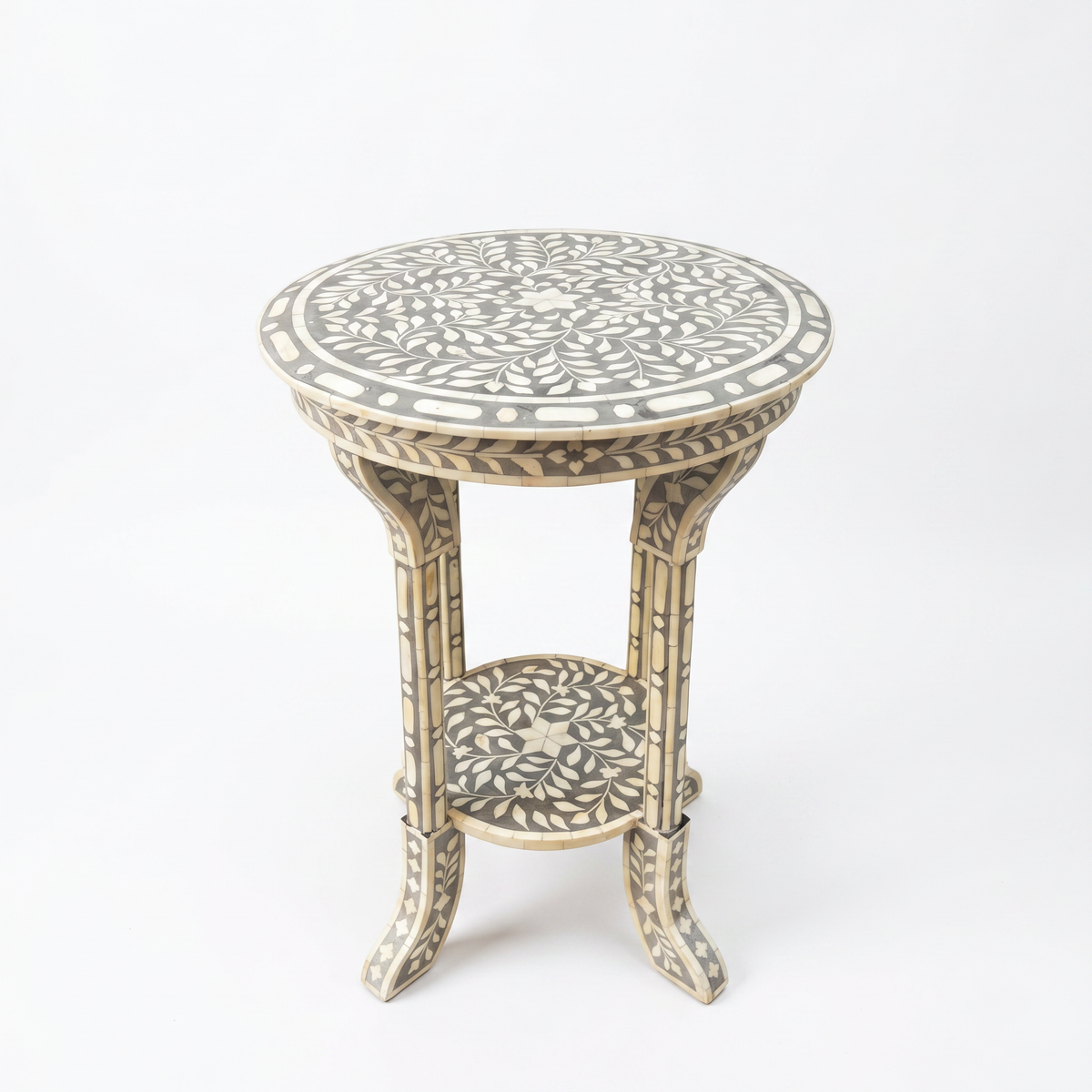 Camel Bone & Grey Resin Round Two-Tier Side Table — Botanical Leaf Inlay
