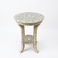 Camel Bone & Grey Resin Round Two-Tier Side Table — Botanical Leaf Inlay
