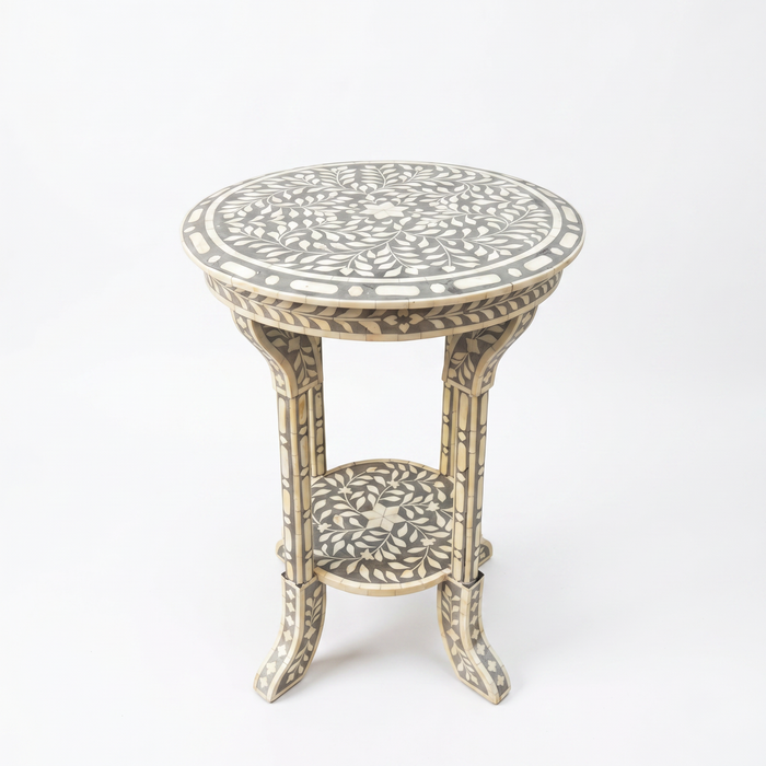 Camel Bone & Grey Resin Round Two-Tier Side Table — Botanical Leaf Inlay
