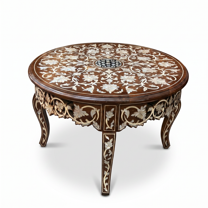 Mother of Pearl & Walnut Wood Round Coffee Table — Floral Arabesque Inlay