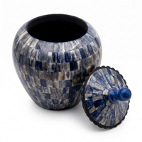 Camel Bone Lidded Urn — Indigo & Ivory Hand-Inlaid Pedestal Vessel with Cobalt Finial