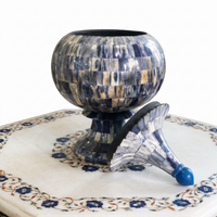 Camel Bone Lidded Urn — Indigo & Ivory Hand-Inlaid Pedestal Vessel with Cobalt Finial