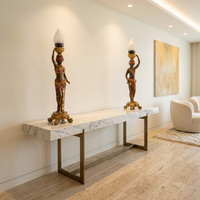 Orientalist Figural Torchère Lamps — Polychrome Bronze Male & Female Pair with Frosted Glass Flame Shade