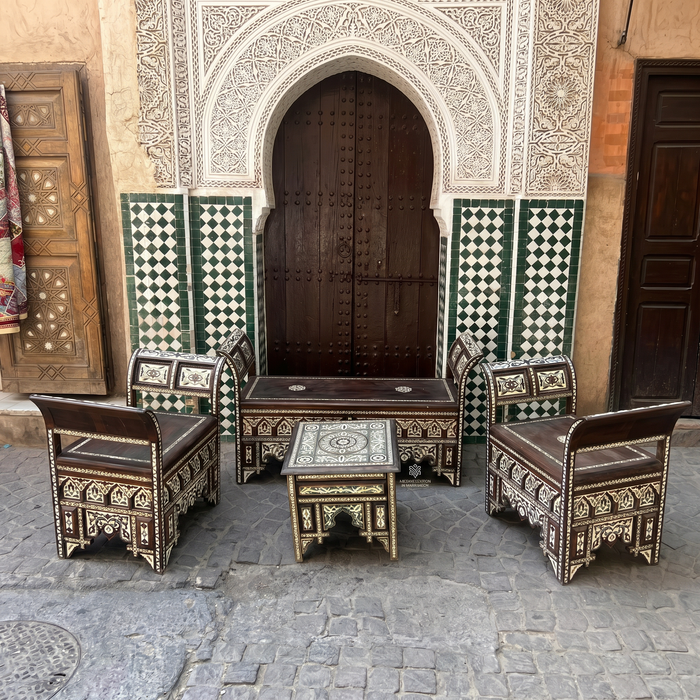 Mother of Pearl & Wood Moorish Salon Set — Two Armchairs, Settee & Coffee Table — Set of 4