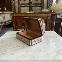 Domed Trunk Jewellery Box — Camel Bone & Mother of Pearl Micro-Mosaic with Brass Keyhole