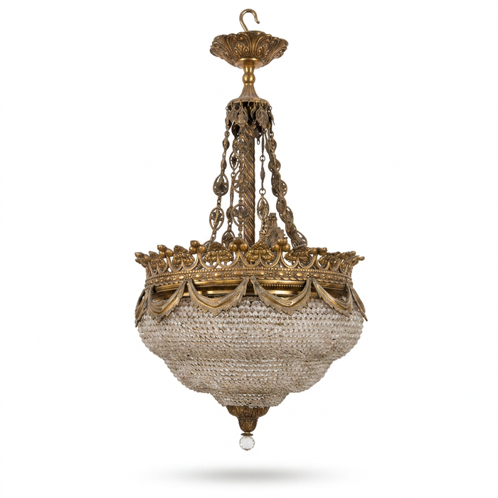 Monumental Empire-Style Brass & Crystal Basket Chandelier — Draped Bronze Crown with Crystal Bead Basket, Single