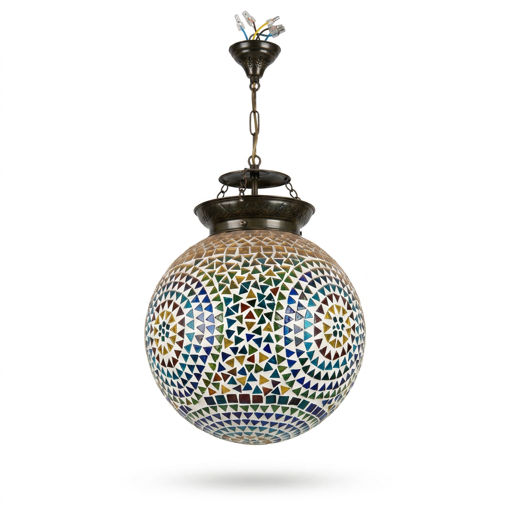 Moorish Mosaic Glass Globe Pendant — Multicolour Triangle Tile Sphere, Single
