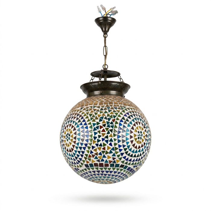 Moorish Mosaic Glass Globe Pendant — Multicolour Triangle Tile Sphere, Single