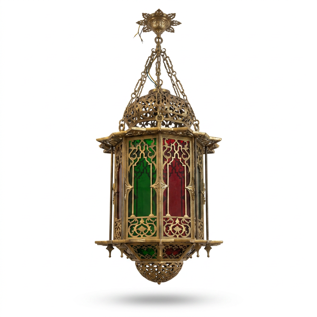 Monumental Moorish Brass Chandelier — Hexagonal Stained Glass & Hand-Pierced Arabesque, Single