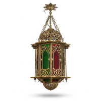 Monumental Moorish Brass Chandelier — Hexagonal Stained Glass & Hand-Pierced Arabesque, Single