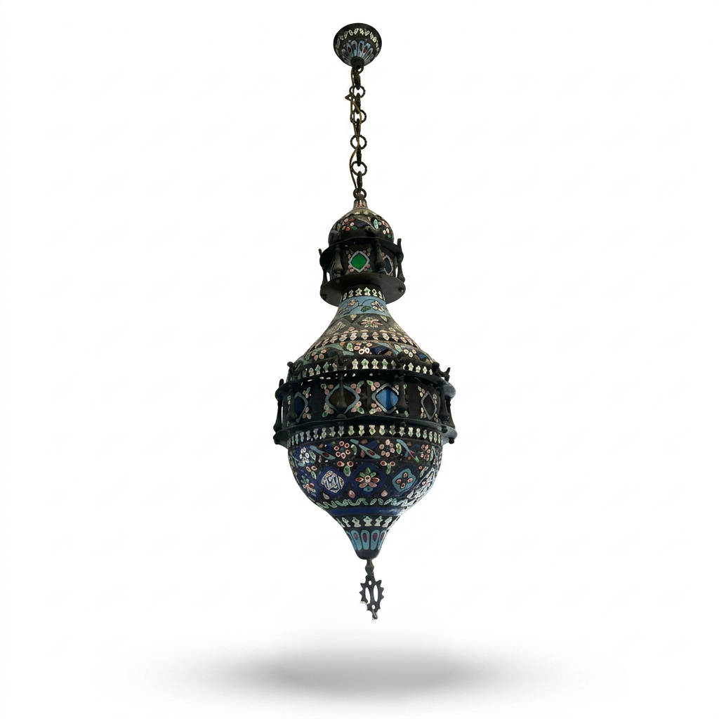Moorish Cloisonné Enamel Pendant Lanterns — Hand-Enamelled Polychrome Globe, Matching Pair