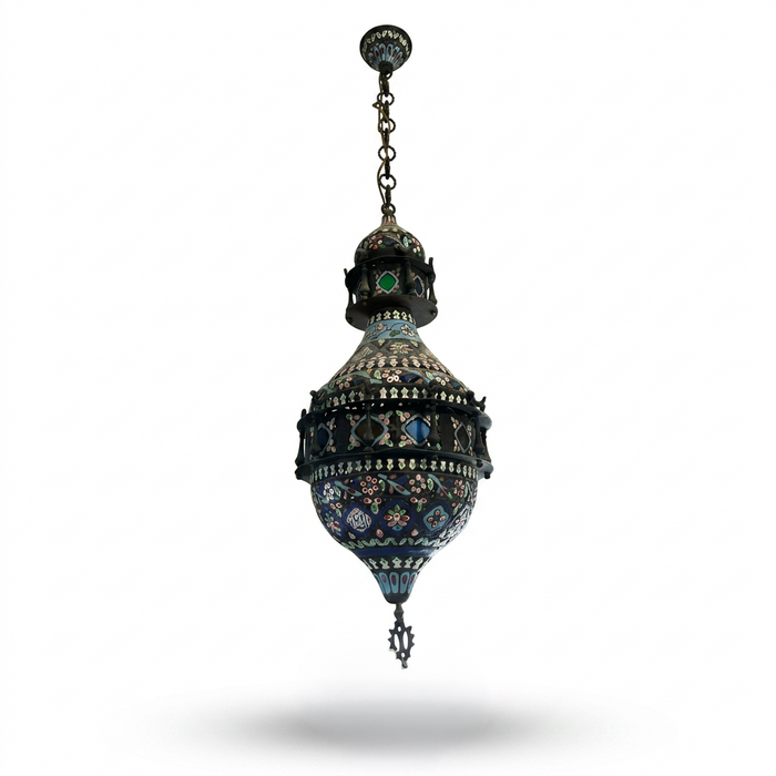 Moorish Cloisonné Enamel Pendant Lanterns — Hand-Enamelled Polychrome Globe, Matching Pair