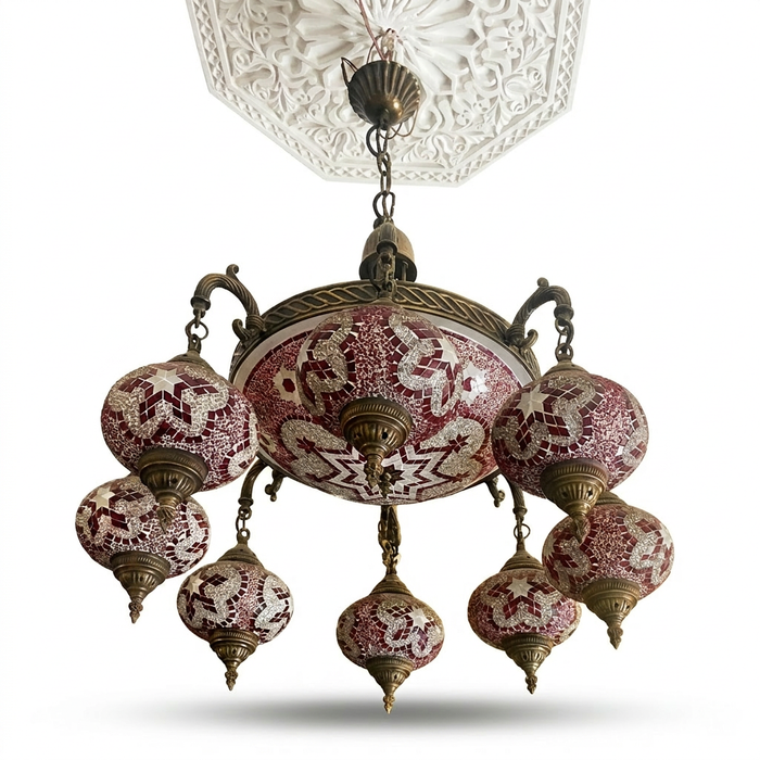 Moorish Mosaic Glass Multi-Arm Chandelier — Crimson & Silver Star Globes with Brass Centre, Single