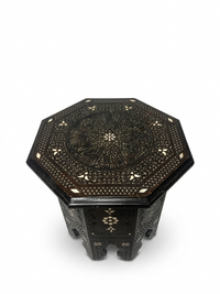 Syrian Octagonal Side Table — Hand-Carved Walnut with Mother of Pearl Accents
