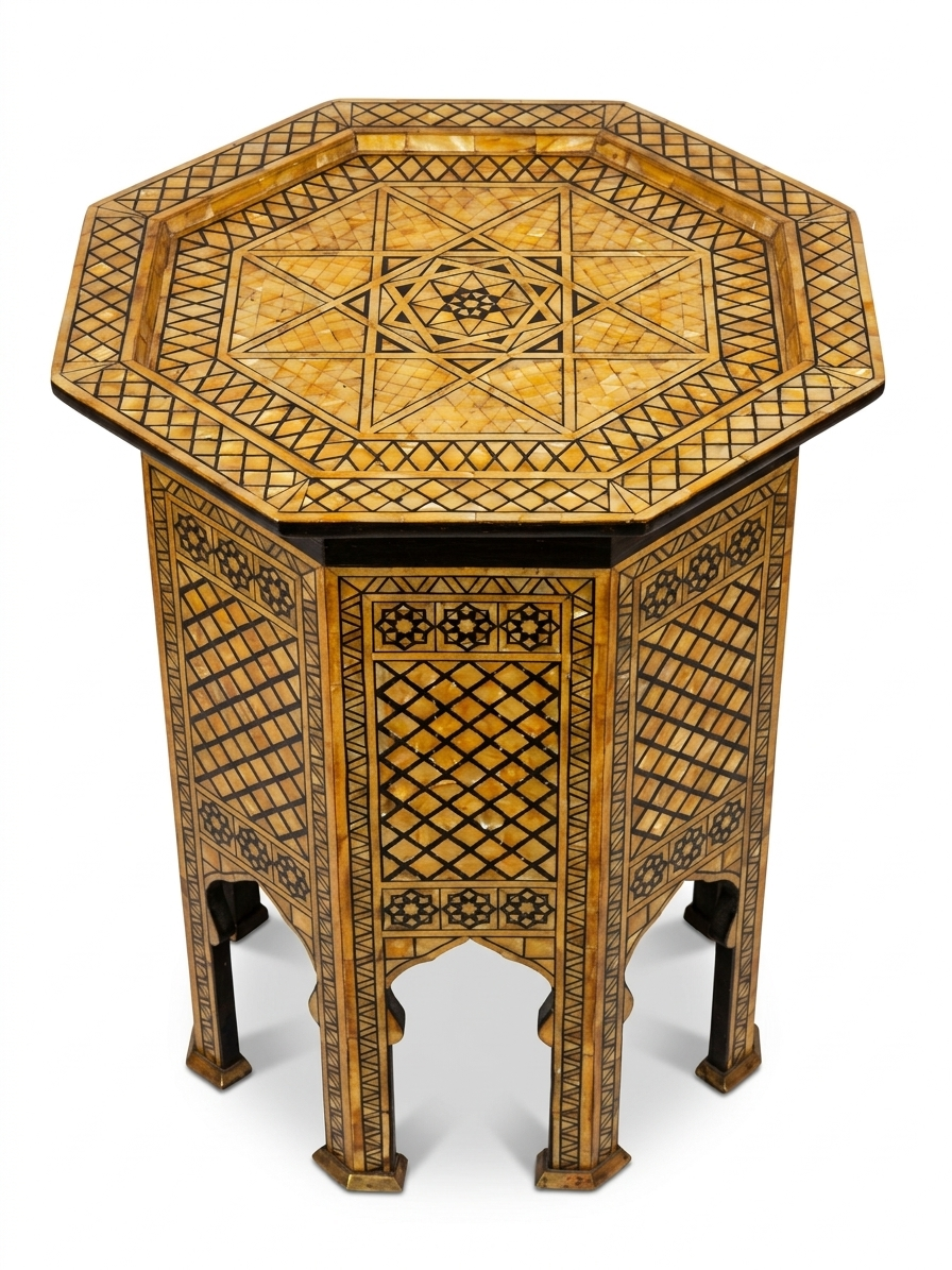 Syrian Octagonal Side Table — Camel Bone & Wood Marquetry on Black Ebony