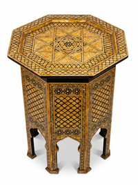Syrian Octagonal Side Table — Camel Bone & Wood Marquetry on Black Ebony