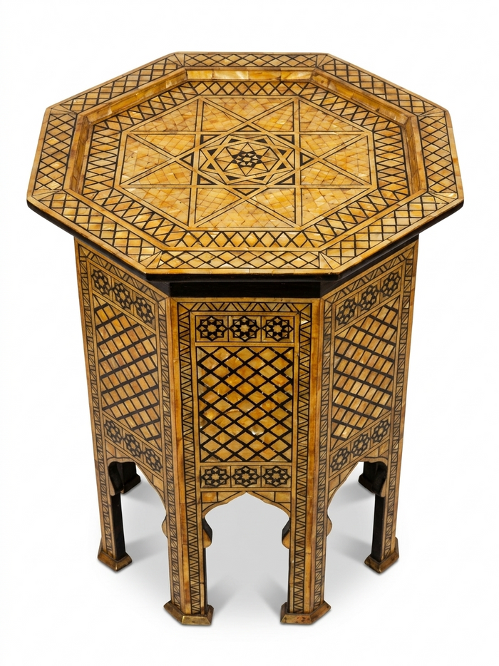 Syrian Octagonal Side Table — Camel Bone & Wood Marquetry on Black Ebony