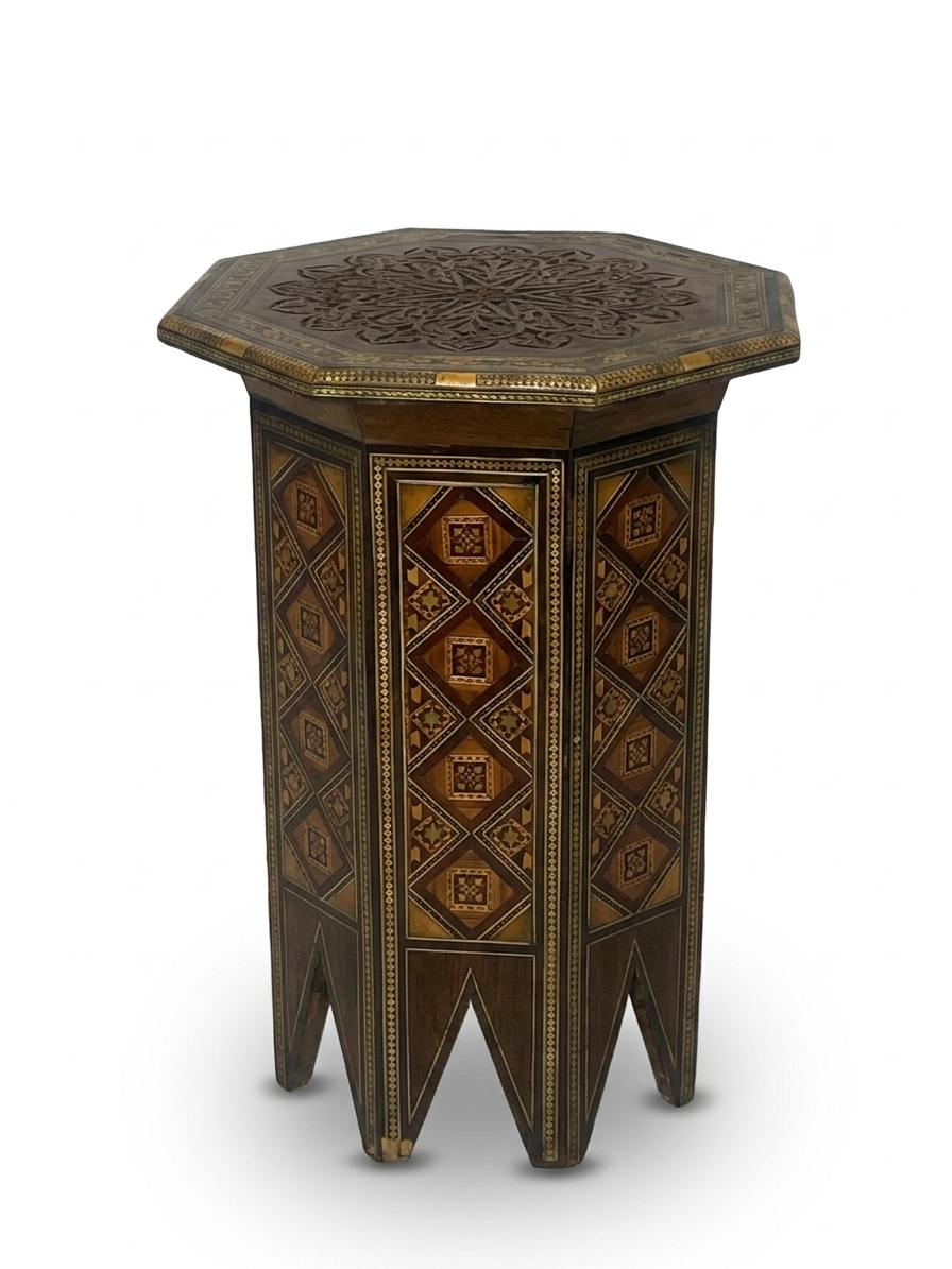 Syrian Octagonal Side Table — Hand-Inlaid Geometric Marquetry on Walnut