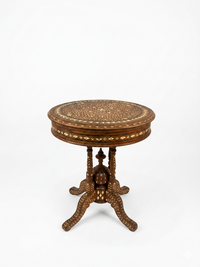 Syrian Round Pedestal Table — Camel Bone, Mother of Pearl & Wood Inlay on Carved Walnut Base