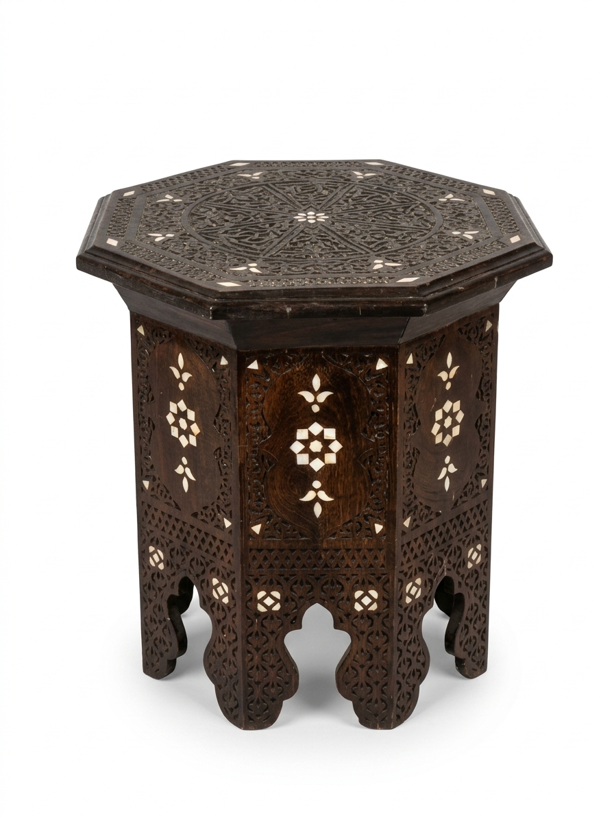 Syrian Octagonal Side Table — Hand-Carved Walnut with Mother of Pearl Accents