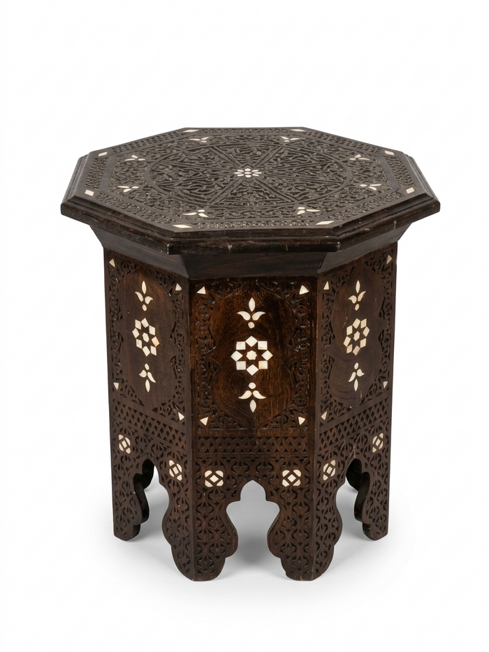 Syrian Octagonal Side Table — Hand-Carved Walnut with Mother of Pearl Accents