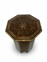 Syrian Octagonal Side Table — Hand-Inlaid Geometric Marquetry on Walnut