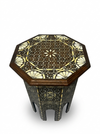 Syrian Octagonal Side Table — Camel Bone, Mother of Pearl & Wood Marquetry on Ebony