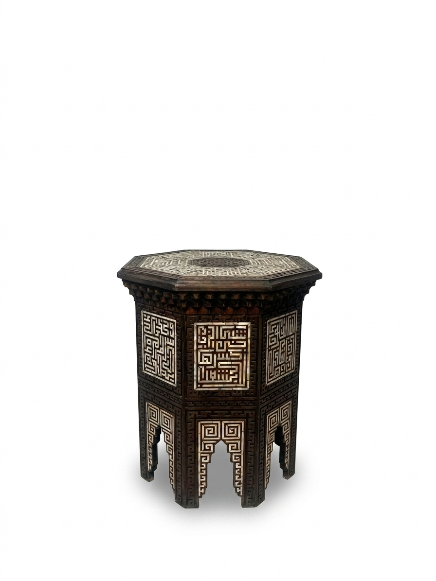 Syrian Octagonal Side Table — Hand-Carved Walnut with Mother of Pearl Inlay