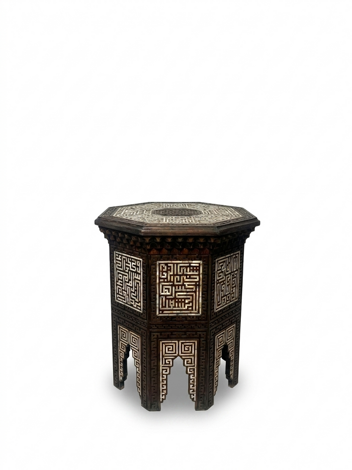 Syrian Octagonal Side Table — Hand-Carved Walnut with Mother of Pearl Inlay