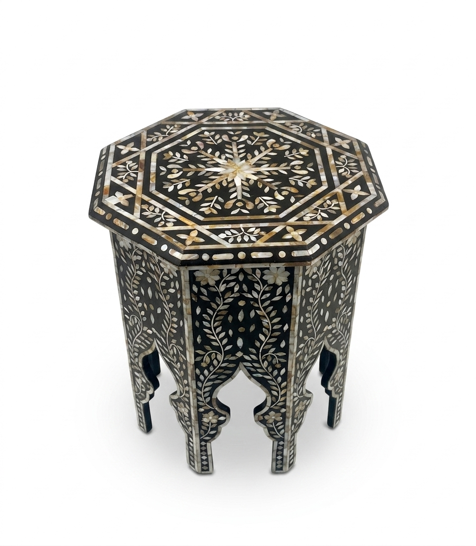 Syrian Octagonal Side Table — Hand-Inlaid Mother of Pearl on Black Lacquer