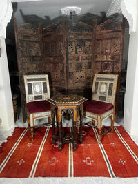 Syrian Hexagonal Side Table — Camel Bone, Mother of Pearl & Wood Marquetry with Carved Arches