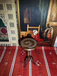 Moroccan Round Pedestal Side Table — Walnut Wood with Mother of Pearl Inlay