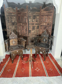 Syrian Pedestal Side Table — Walnut Wood with Mother of Pearl Inlay & Scalloped Star Top