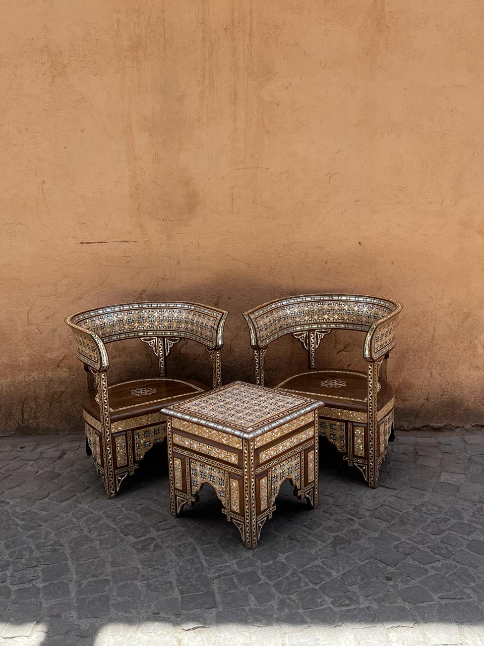 Barrel Chair Set & Low Table — Camel Bone, Mother of Pearl & Wood Marquetry — Set of 3
