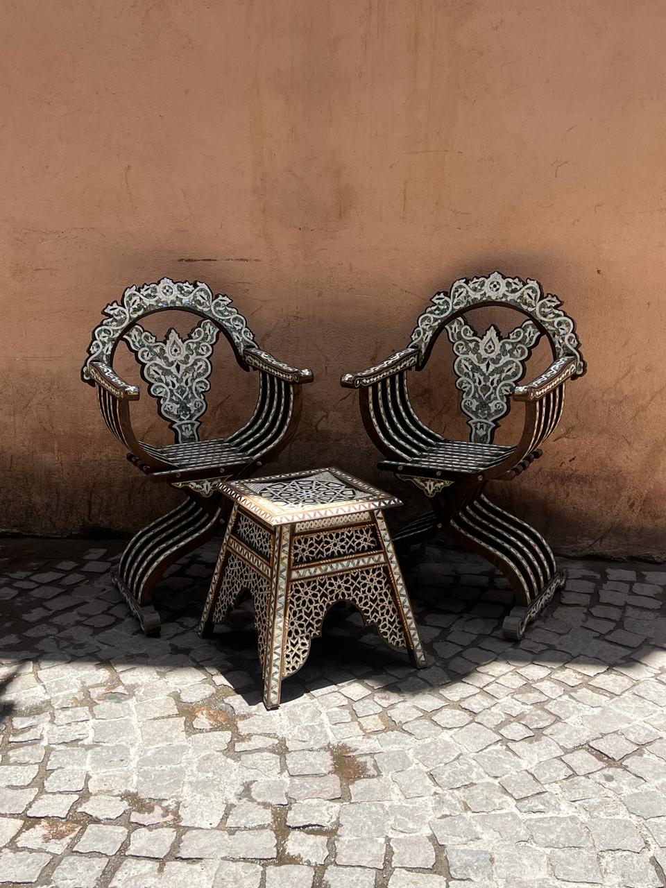Foldable Throne Chair Set & Low Table — Mother of Pearl, Camel Bone & Wood — Set of 3