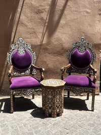Throne Armchair Set & Low Table — Mother of Pearl & Wood with Purple Velvet Upholstery — Set of 3