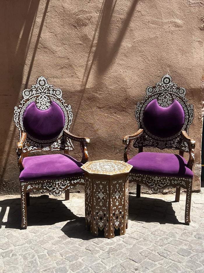 Throne Armchair Set & Low Table — Mother of Pearl & Wood with Purple Velvet Upholstery — Set of 3