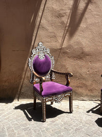 Throne Armchair Set & Low Table — Mother of Pearl & Wood with Purple Velvet Upholstery — Set of 3