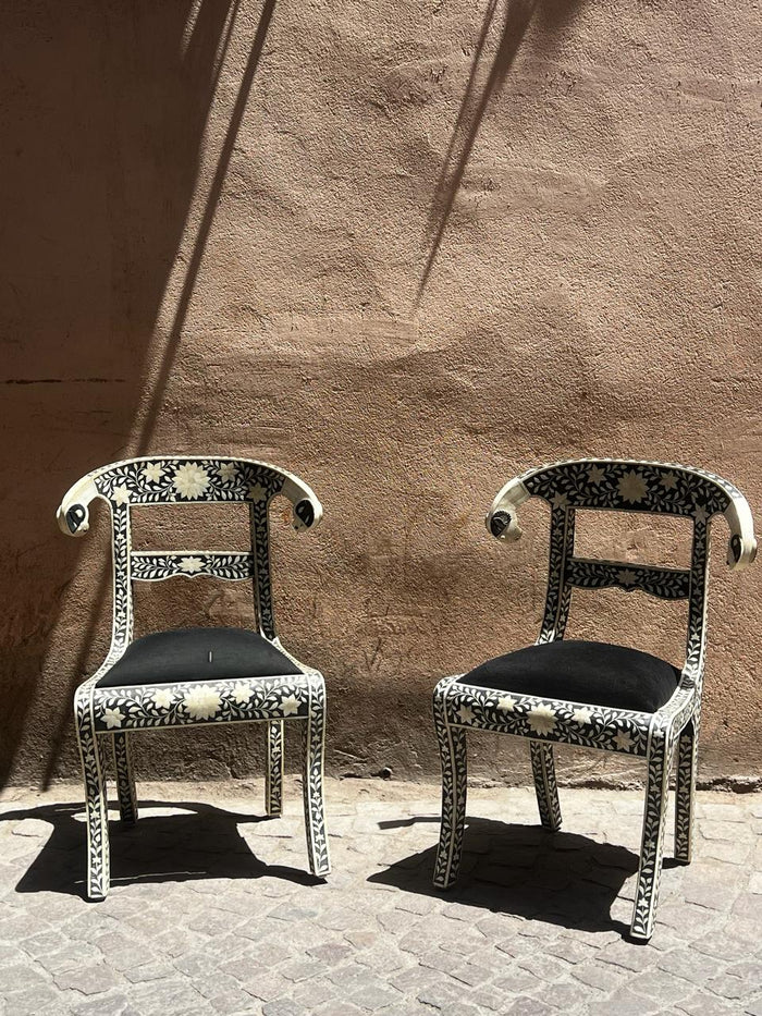 Camel Bone Inlay Armchair Pair — Floral Vine & Daisy Motif on Ebony with Black Velvet Seat