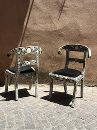 Camel Bone Inlay Armchair Pair — Floral Vine & Daisy Motif on Ebony with Black Velvet Seat