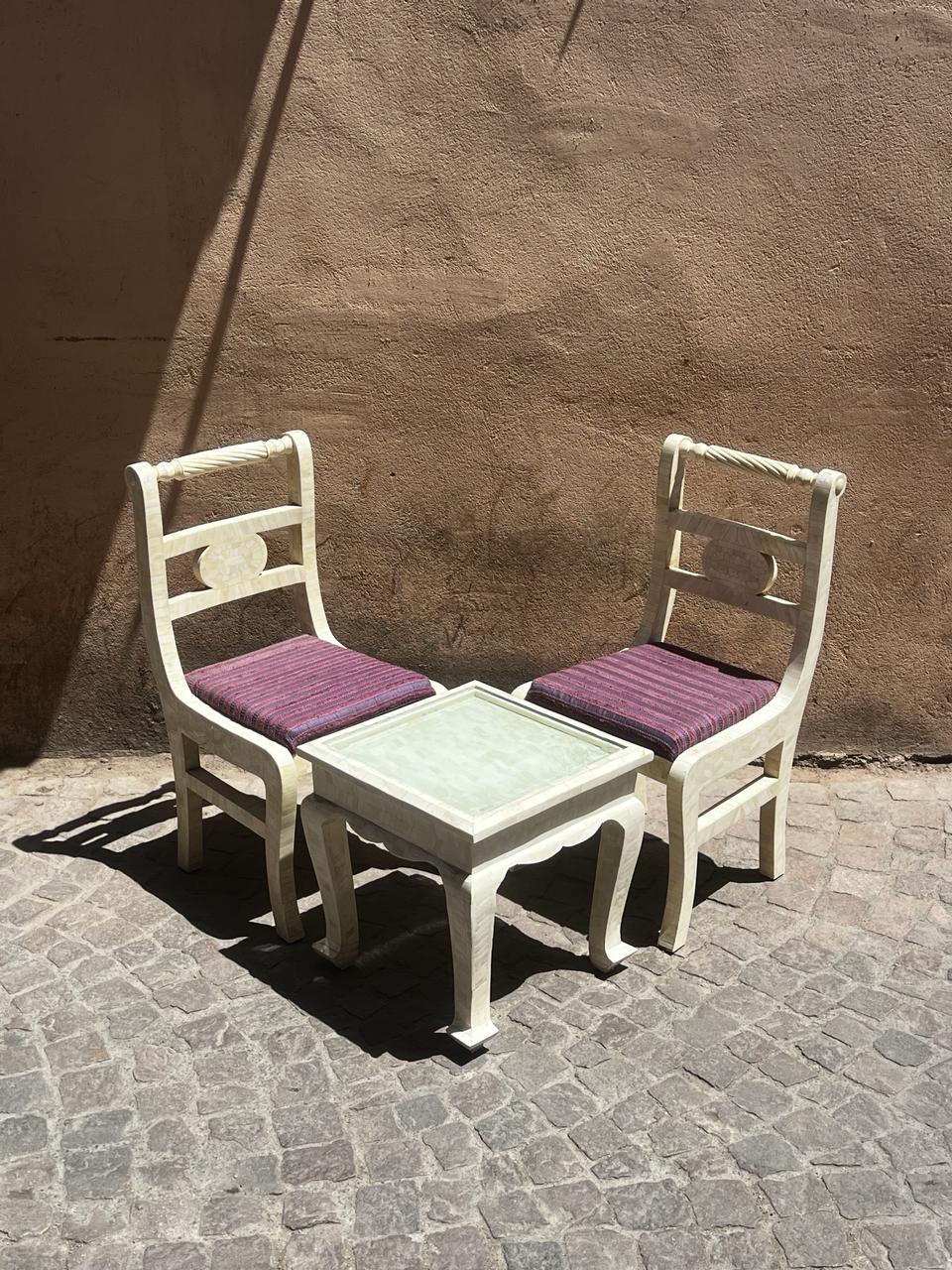 Camel Bone Chair Set & Side Table — Glass Top & Striped Upholstery — Set of 3