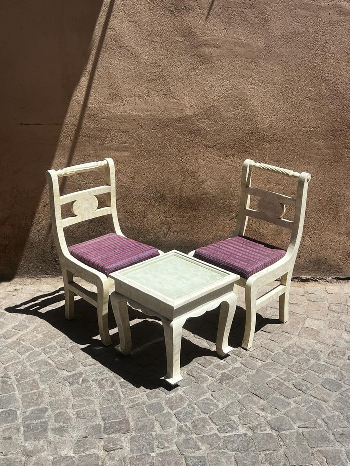Camel Bone Chair Set & Side Table — Glass Top & Striped Upholstery — Set of 3