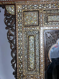 Grand Wall Mirror — Mother of Pearl, Camel Bone & Hand-Engraved Wood with Architectural Pediment Crown