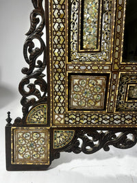 Grand Wall Mirror — Mother of Pearl, Camel Bone & Hand-Engraved Wood with Architectural Pediment Crown
