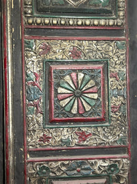 Antique Polychrome Carved Double Door — Calligraphy Medallions & Floral Panels