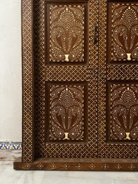 Hand-Inlaid Double Door with Transom — Camel Bone & Wood in Palmette & Rosette Panels