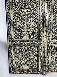 Hand-Inlaid Double Door — Camel Bone on Black Resin with Peacock & Vine Arabesque